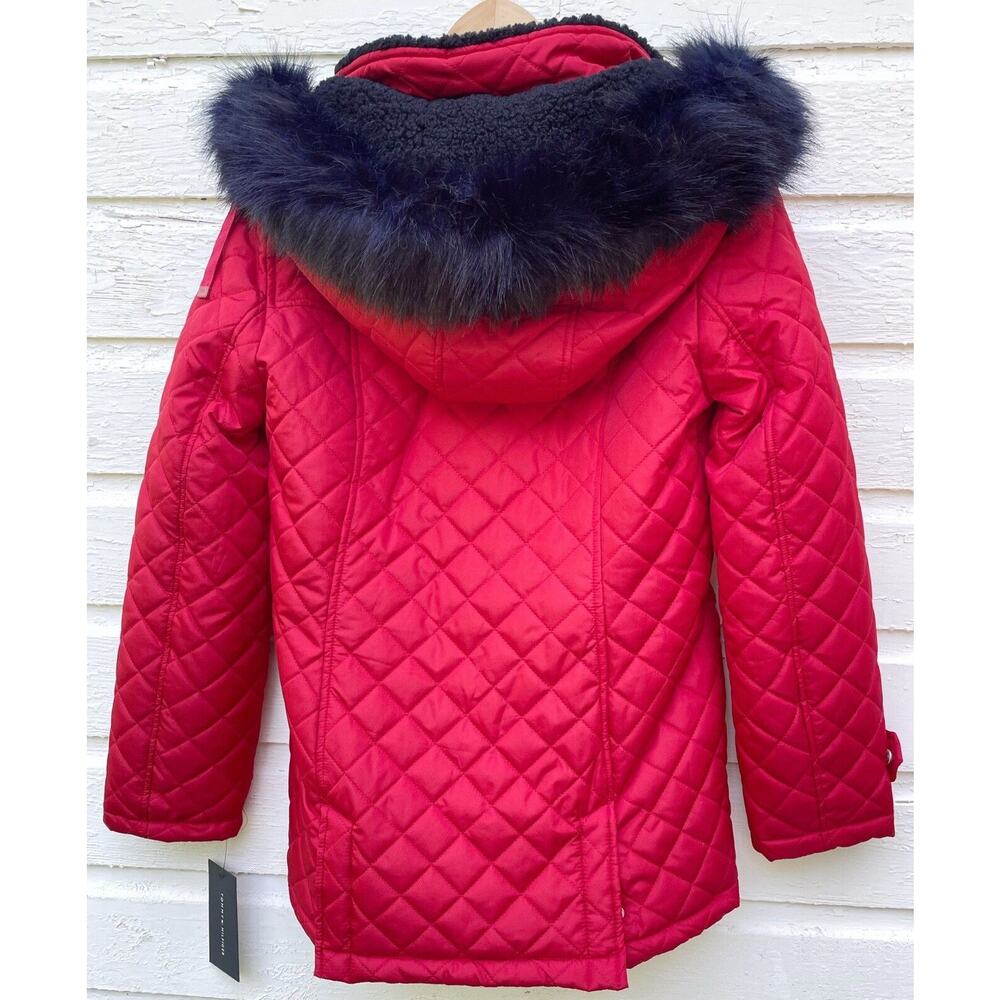 NEW Tommy Hilfiger Coat Womens S Red Quilted Hooded Parka Navy Shearling - Picture 2 of 7